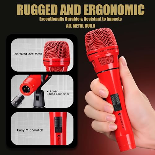 Dynamic Microphone - Professional Vocal Microphone for Singing - Premium Handheld Wired Mic with 16ft XLR to 1/4" Audio Cable - Microfono for Speaker, Mixer, Amplifier & Karaoke Machine - color: A-Red