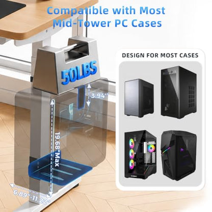 Under Desk PC Mount for Standing Desk, Clamp-On CPU Holder, 50lbs Capacity | Clamp-on for 65-80mm legs. Holds 50lbs, open frame cooling. No-drill, 15-min install. Fits mid-tower PCs.
