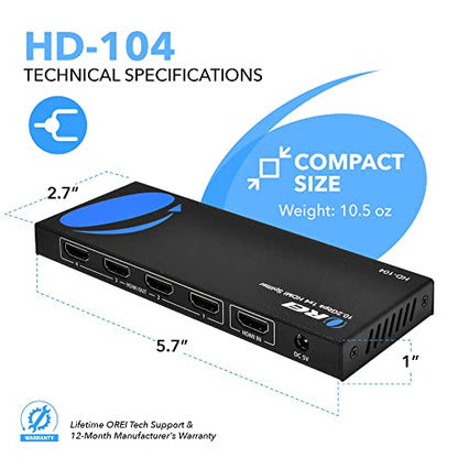 OREI HDMI Splitter 1 in 4 Out – 4K@30Hz HDMI 2.0 Splitter with HDCP 1.4, EDID Management, and LPCM/Dolby/DTS Audio Support–Compact Plug & Play Design (Pack of 2) - size: 1x4 (Pack of 2)