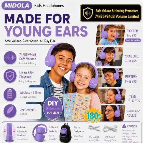 Kids Bluetooth Headphones Wireless 68 Hours,Safe Volume Limit 85/94dB | Adjustable Headband Foldable Over-Ear Lightweight for Toddler Girls Boys Tablet/iPad,HD Stereo,Built-in Mic,Light Purple - color: Light Purple