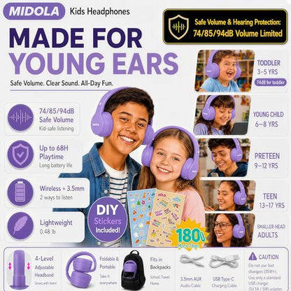Kids Bluetooth Headphones Wireless 68 Hours,Safe Volume Limit 85/94dB | Adjustable Headband Foldable Over-Ear Lightweight for Toddler Girls Boys Tablet/iPad,HD Stereo,Built-in Mic,Light Purple - color: Light Purple