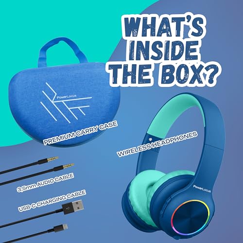 PowerLocus PLED Kids Bluetooth Headphones, Kids Wireless Headphones with LED Lights, 74/85/94dB Safe Volume, Micro SD, AUX Cable, Hi-Fi Stereo, Built-in Mic Over Ear Kid Headphone for Travel/Tablet/PC - color: Blue