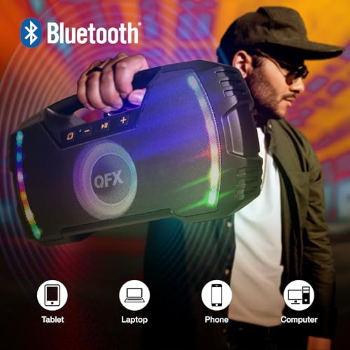 Powerful & Portable Waterproof All Terrain Bluetooth Speaker with Deep Bass, LED Party Lights, Fast USB-C Charging, FM Radio, AUX – QFX BT-ZX35 | Powerful 2.7" Full-Range Drivers, Deep Bass, Fast USB-C Charging, FM Radio, LED Party Lights, AUX/USB/TF Card
