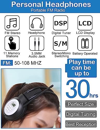 ZHIWHIS FM Portable Radio, Stereo Headsetwith LCD,Over Ear Foldable, Pocket Walkmen Conference Receiver, Small Wireless/Wired Headphones Operated by 2 AA Batteries for Walking/Running ZWS-308