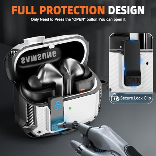 Safety Lock Case for Samsung Galaxy Buds3 FE/Pro/3 (White) | Compatible with MagSafe, Carbon fibre texture Design,with Phone Stand& Cleaning kit,Keychain, - color: A-b-white