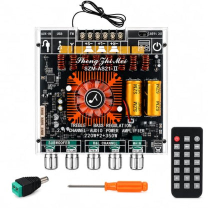 790W 2.1-Channel Mini Bluetooth Amplifier with TWS – 220W×2 + 350W Subwoofer Bluetooth/FM/USB/AUX, IR Remote, DC16–38V, ≥10A,Powerful Deep Bass for DIY Speakers & Home Audio - color: Black SZM-AS21 II