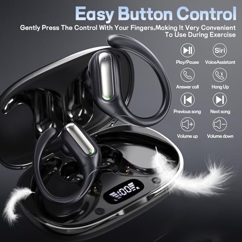 Wireless Sports Earhook Earbuds, Sweatproof Secure-Fit Bluetooth 6.0 Headphones with Hi-Fi Stereo Sound, 80H Playtime, Easy Button Control for Running Workout Gym