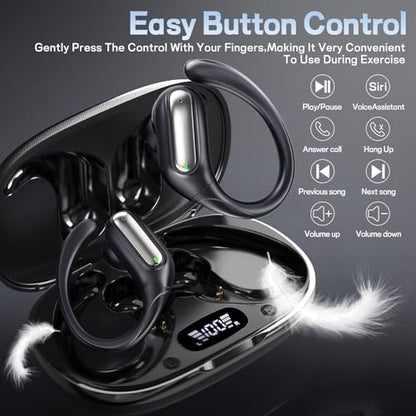 Wireless Sports Earhook Earbuds, Sweatproof Secure-Fit Bluetooth 6.0 Headphones with Hi-Fi Stereo Sound, 80H Playtime, Easy Button Control for Running Workout Gym