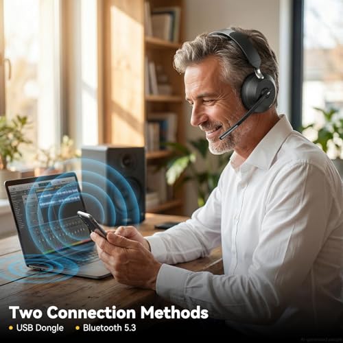 Wireless Headset with Mic for Work, Bluetooth Headset with Noise Cancelling Microphone, Charging Base & USB Computer Headset with Microphone for Call Center/Office/Home/PC/Laptop/Teams/Zoom