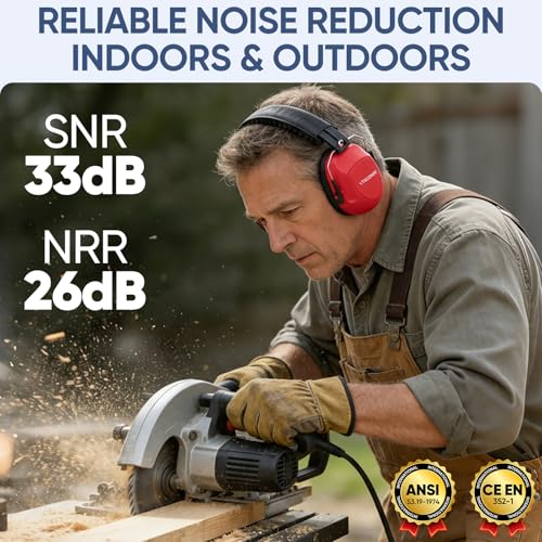 TICONN Noise Cancelling Ear Muffs for Adults, SNR 33dB Hearing Protection, Adjustable Safety Earmuffs for Construction - color: Red