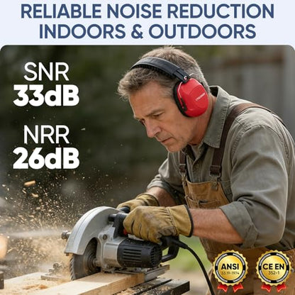 TICONN Noise Cancelling Ear Muffs for Adults, SNR 33dB Hearing Protection, Adjustable Safety Earmuffs for Construction - color: Red
