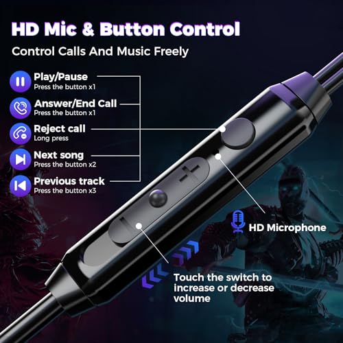 BlueFire Wired Gaming Earbuds with Microphone, HiFi Deep Bass in-Ear Headphones, Noise Cancelling Earphones with Volume Control, Compatible with PC, Phone, in Ear Earbuds for Gaming, Sports and Music