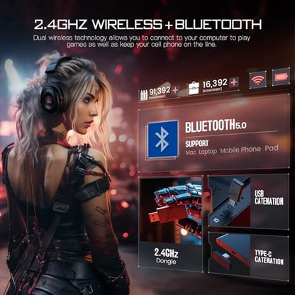 EKSA USB Gaming Headset for PC - Computer Headset with Detachable Noise Cancelling Mic, Surround‑Tuned Audio, 50MM Driver - Headphones with Microphone for PS4/PS5, Xbox One, Laptop, Office (Wireless) - color: Wireless Black