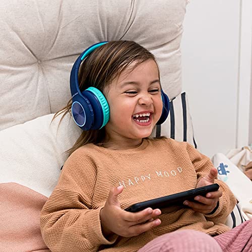 PowerLocus PLED Kids Bluetooth Headphones, Kids Wireless Headphones with LED Lights, 74/85/94dB Safe Volume, Micro SD, AUX Cable, Hi-Fi Stereo, Built-in Mic Over Ear Kid Headphone for Travel/Tablet/PC - color: Blue
