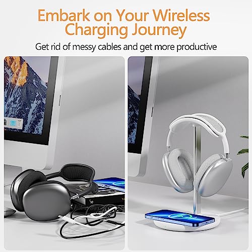 Hiwe Headphone Stand with Wireless Charger, Gaming Headset Holder for Desk | 2 in 1 Charging Station for iPhone, Samsung, AirPods and Desk All Headphones, Aluminum Support Rod, Heavy Base Stand, White - color: White