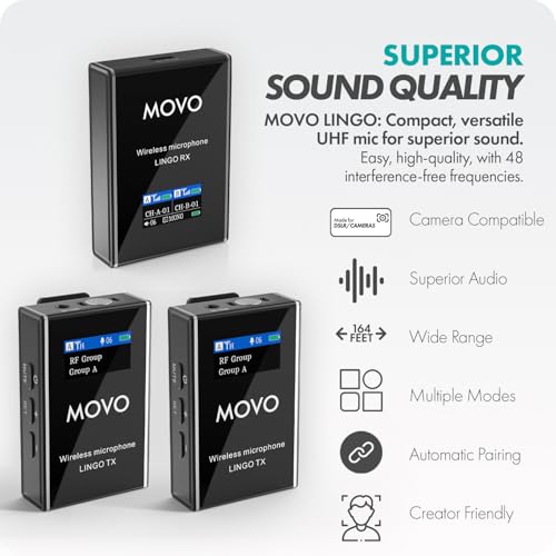 Movo Lingo-Duo 48-Channel UHF Wireless Lavalier Microphone System for Camera - Lav Mic Compatible with Canon, Nikon, and Sony DSLR Cameras - for Filmmaking, Vlogging, Interviews, Content Creation - style: 2 Transmitters