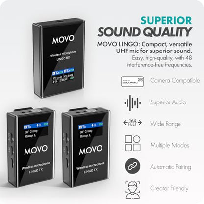 Movo Lingo-Duo 48-Channel UHF Wireless Lavalier Microphone System for Camera - Lav Mic Compatible with Canon, Nikon, and Sony DSLR Cameras - for Filmmaking, Vlogging, Interviews, Content Creation - style: 2 Transmitters