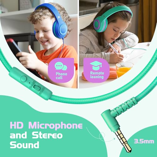 Kids Headphones with Mic, 94dB Volume Limit Over Ear Kids Headphones Wired for School - Mint