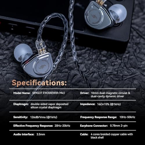Linsoul SIMGOT EW200 10mm SCP Diaphragm Dynamic Driver IEM in-Ear Earphones | with All Metal Body, Detachable 0.78mm 2pin Silver-Plated OFC Cable for Audiophiles Musicians, 3.5mm with Mic - style: EW200 With Mic