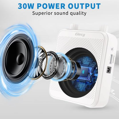 30W Portable Voice Amplifier with Wired Microphone Headset, 2800mAh Rechargeable PA System Speaker Personal Microphone Speech Power Amplifiers Loudspeaker for Teachers/Metting/Tour Guide - color: White