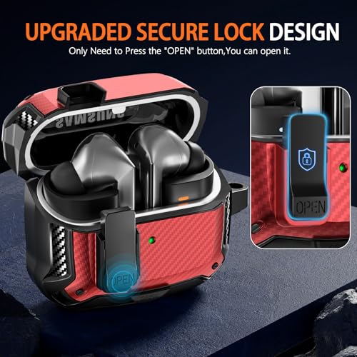 Safety Lock Case for Samsung Galaxy Buds3 FE/3/3 Pro (Red) | with Phone Stand,with Secure Lock Clip & Cleaning kit Full Body Shockproof Carbon Fiber Protection Design - color: C-Red