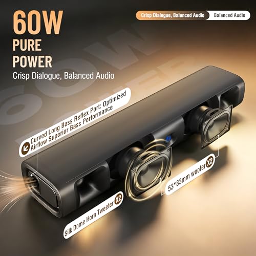 Sound Bar for Smart TV, 60W Deep Bass Soundbar with Clear Voice | Bluetooth 5.3/Optical/Auxiliary Inputs, Dual Bass Drivers, Surround Sound, Slim Wall Mount Design for TV/PC/Gaming/Projector