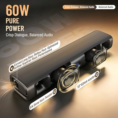 Sound Bar for Smart TV, 60W Deep Bass Soundbar with Clear Voice | Bluetooth 5.3/Optical/Auxiliary Inputs, Dual Bass Drivers, Surround Sound, Slim Wall Mount Design for TV/PC/Gaming/Projector