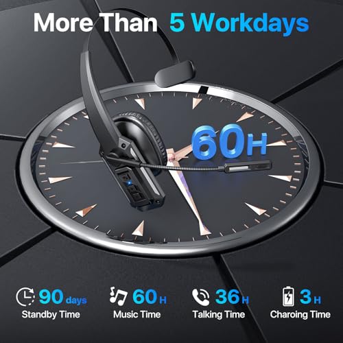 Trucker Bluetooth Headset with Mic, Wireless Headset for Work with Mute Button, 60H Battery, Over Ear Bluetooth Headset for Truck Driver, Office, Laptop, Cell Phone, Black