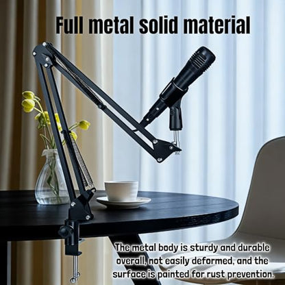 Microphone Boom Arm Stand, Adjustable Desk Mount Scissor Arm with 360° Rotation, Heavy Duty Metal, for Podcast, Recording, Streaming, Gaming, Voice-Over, Studio, Home Office – Black
