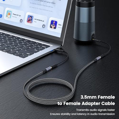 MOSWAG 3.5mm Female to Female Aux Connector, TRRS 4-Pole Extension Stereo Coupler Plug Adapter Audio Extension Cable for Laptops, Desktop, PCs, Guitars, DVDs, Mixers, Speakers-8Inch/20CM