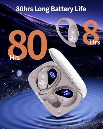 Bluetooth Wireless Earbuds, 80Hrs Playback, Wireless Charging Case with LED Display, Sports Headphones with Earhooks, Deep Bass, IPX7 Waterproof, Compatible with Phone, TV, Laptop