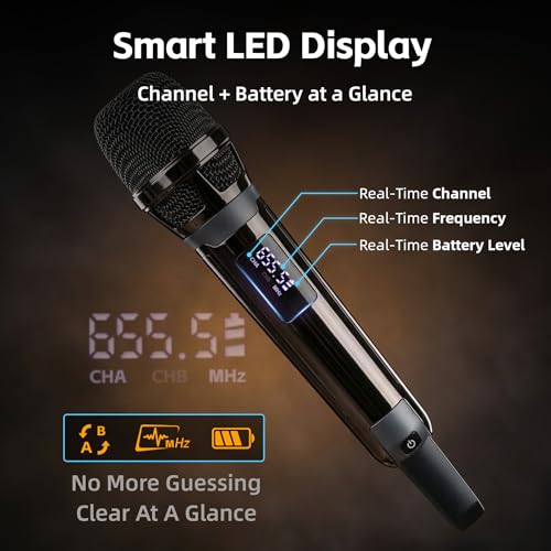 Wireless Microphones for Karaoke Singing, Professional Dual Cordless Mic System , 500ft Long Range Dual Handheld Cordless& LED Display, Dynamic Karaoke Microphone for Singing, DJ, Church, Party