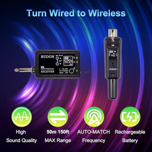 BUDON Wireless XLR Microphone Adapter, UHF Transmitter & Receiver with 99 Channels,164ft Range, Rechargeable for Converting Dynamic Mics to Wireless for PA Systems, Mixers & Cameras