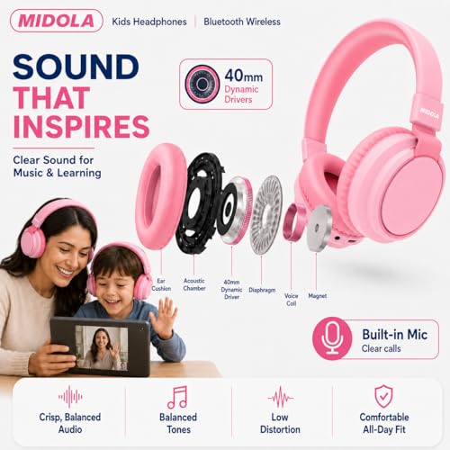 Kids Bluetooth Headphones Wireless 68 Hours,Safe Volume Limit 85/94dB Pink | Adjustable Headband Foldable Over-Ear Lightweight Headsets for Toddler Girls Boys Tablet/iPad,HD Stereo,Built-in Mic - color: Pink