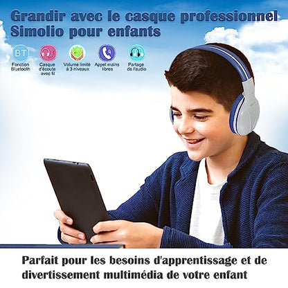 SIMOLIO Kids Bluetooth Headphones Boys with Microphone, 75dB/85dB/94dB Volume Limited Kids Headphones Wireless, Adjustable Foldable Over-Ear Headset for Children School Travel Tablet Airplane Grey | Wired Cord & Share Port, Over-Ear, Eva Case, Wireless He