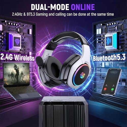 Tatybo Wireless Gaming Headset for PS5, Dual Mode, Low Latency, Black White | 7.1 Surround Sound, Bluetooth+2.4GHz Dual Mode, Noise-Canceling Mic for FPS Battle Royale, 40Hrs for Switch, Mobile, Laptop - color: Black White