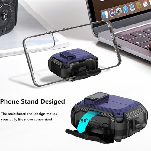 Compatible with Samsung Galaxy Buds 3 Pro Case/Bud3 Cover Lock Clip with Phone Stand for Men, Military Shell Galaxy Buds Pro 3/ Bud 3 Protective Armor Skin with with Cleaner Kit & Carabiner - color: ABlack/Blue