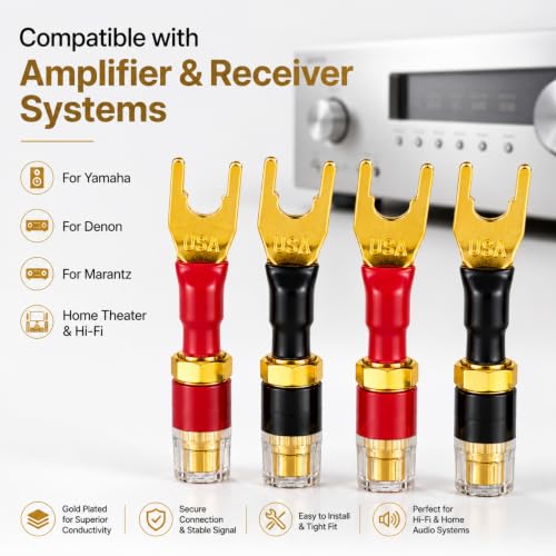 Spade to Banana Adapter, 24K Gold 4-Pack | Y Terminal Speaker Wire Connector for Amplifier & Receiver