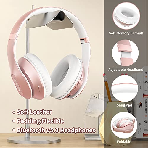 Wireless Bluetooth Headphones Over Ear V6.0 HiFi Stereo with Mic | 65H Playtime 6EQ Modes Foldable Bluetooth Headset with Microphone for Travel Smartphone Computer Laptop Rose Gold - color: Rose Gold