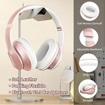 Wireless Bluetooth Headphones Over Ear V6.0 HiFi Stereo with Mic | 65H Playtime 6EQ Modes Foldable Bluetooth Headset with Microphone for Travel Smartphone Computer Laptop Rose Gold - color: Rose Gold