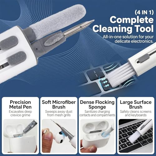 Airpod Cleaner Kit for Earbuds Pro 1 2 3 4, 4-in-1 Phone Cleaning Kit | Soft Brush, Flocking Sponge, Metal Tip for iPhone, iPod, Keyboard, Bluetooth Headphones - size: 4-in-1