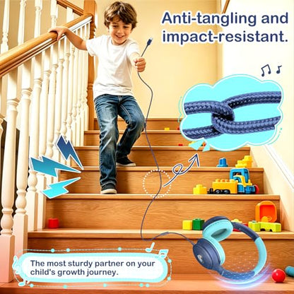 USB-C Kids Headphones, Wired Headphones for Girls Boys, 94dB Volume Limit | LED Lights, 94dB Volume Limit, Stereo Sound Portable Foldable Lightweight for School/iPad/Tablet/Airplane Travel/Toddler - color: Blue