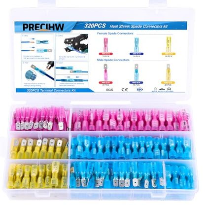 320PCS Heat Shrink Wire Connectors, Blade/Spade Terminals | Male & Female Quick Disconnect Crimp Terminals for Marine & Electrical Wiring