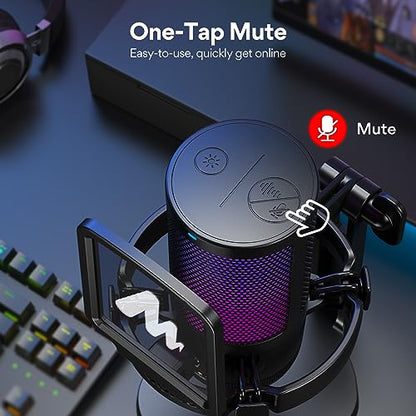 MAONO USB Gaming Microphone with Headphones, PC Computer Condenser mic with Noise Cancellation, RGB Lights, Mute for Streaming, Recording, Podcast, Chat, Twitch, YouTube, Discord, GamerWave, MH601