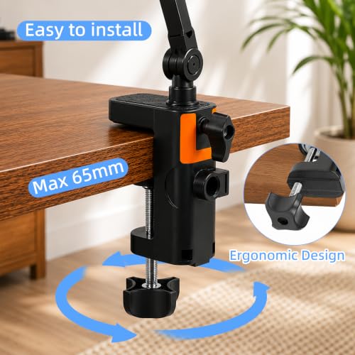 Desk Clamp for Microphone, 12.5mm 2 Hole Mic Table Mounting Clamp | 2-in-1 C Clamp for Magnifying Light, Boom Scissor Arm, Phone and Tablet Stand, Lamp Base, Fits Up to 6.5cm Desktop Thickness - size: XZ002