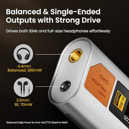 HIFI WALKER D20 DAC512 Portable Headphone Amp/DAC – USB Hi-Res Audio Dongle with 4.4mm Balanced & 3.5mm Output, ES9038Q2M + CT7601PR, Support PCM 768kHz/DSD512, CNC Aluminum, OLED Display