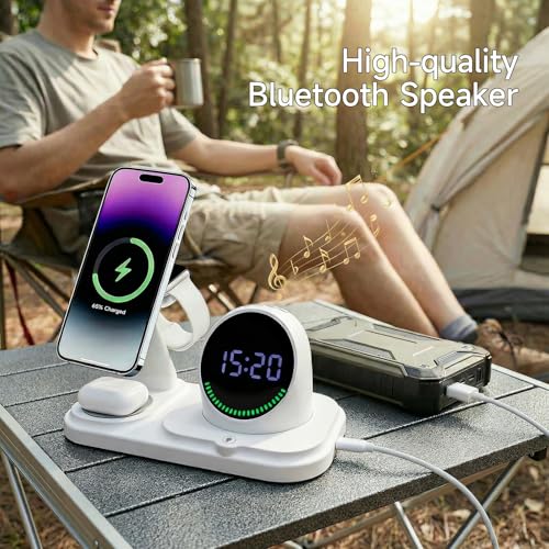 6‑in‑1 Wireless Charging Station with 30W Adapter, Blue-Tooth Speaker, Auto‑Sync Clock & RGB Night Light, Compatible with iPhone 12‑17/AirPods/Apple Watch and Select Android (Qi + Magnetic Required) - color: White