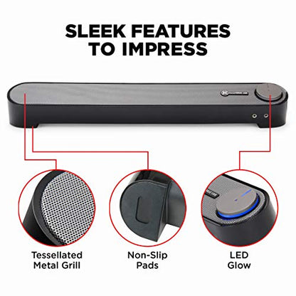 GOgroove Computer Speaker Mini Soundbar - USB Powered PC Sound Bar with Easy Setup Wired AUX, Stereo Audio, Microphone Port, Volume Control Knob, Under Monitor Design for Desktop (Black) - color: Black and Grey