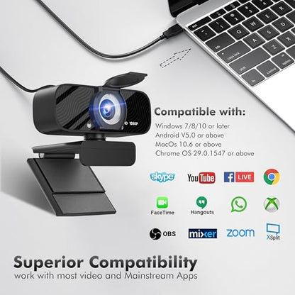 Gozvrpus USB HD Webcam with Built-in Microphone and Rotatable Tripod, 1080P Video, Wide Angle Camera, Privacy Cover, for Desktop PC or Laptop Computer （Grey）