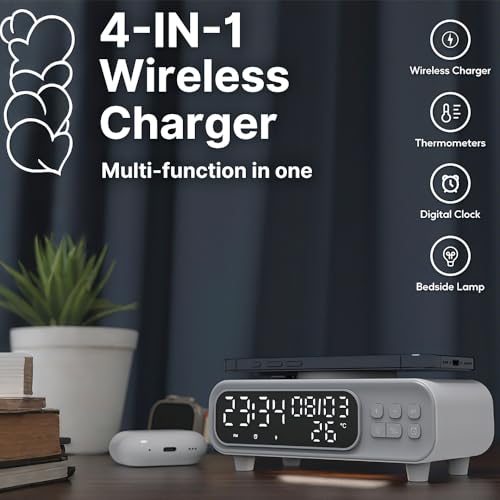IHAO 5in1 Alarm Clock with Wireless Charging Night Light 15W Fast Charger for Phone and Headphone, LED Digital Display with Date & Temperature, Dimmable for Bedroom & Office-D15 Clock White - color: Wireless Charger Alarm Clock D15 Clock White